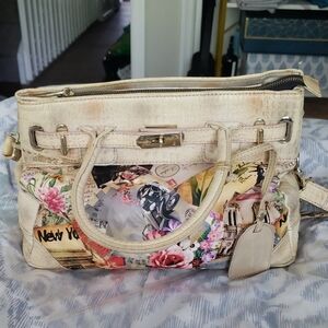 L'Artiste Hand Painted Elegant Cream Floral New York Satchel